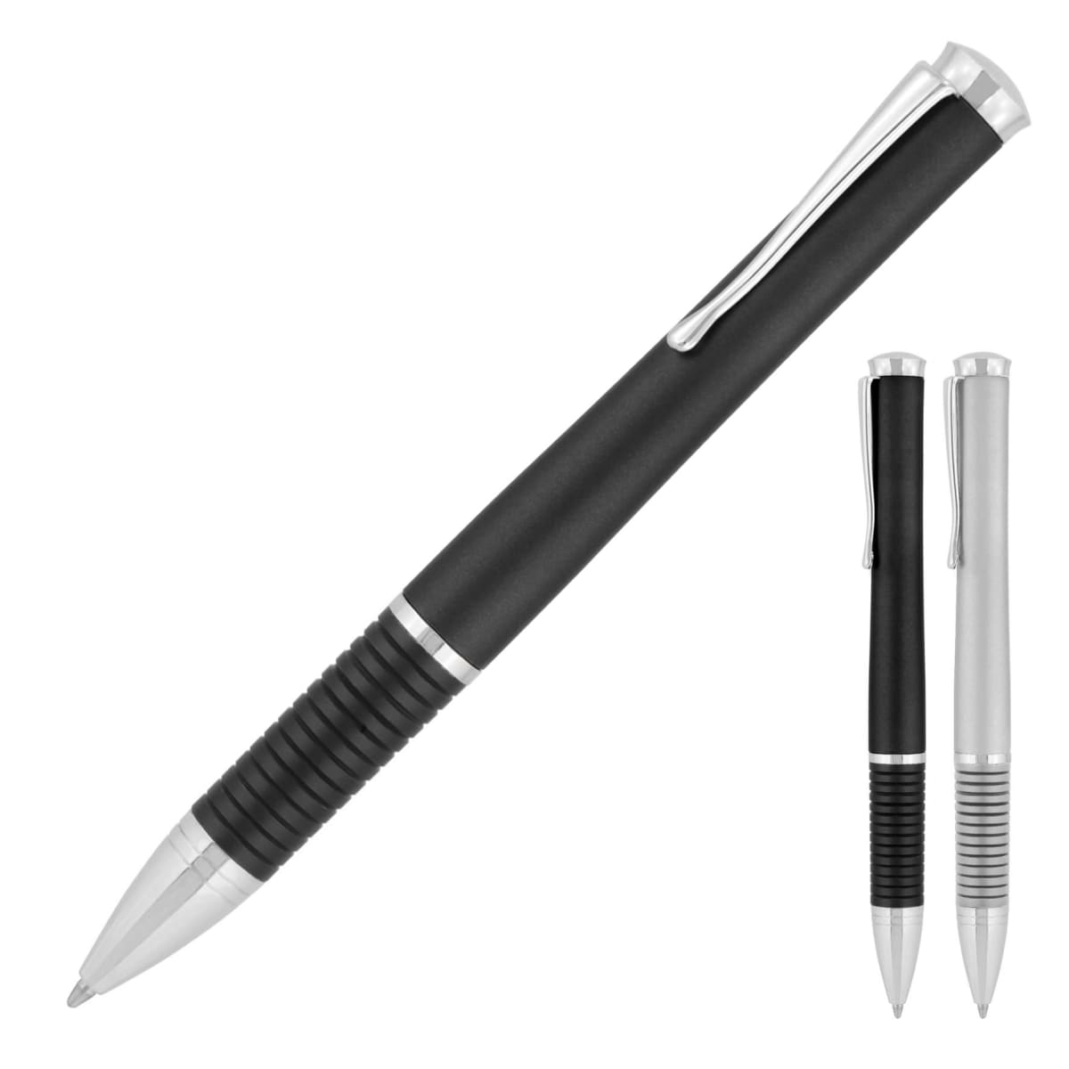 Three pens with black bodies and silver accents are displayed against a white background. One pen is larger and horizontally positioned, while the other two are vertically placed on the right side, showcasing different perspectives.