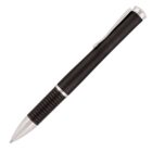 A sleek black ballpoint pen with silver accents. It features a ribbed grip section and a shiny clip on the cap. The pen is positioned diagonally against a plain white background.