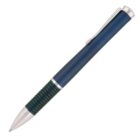 A sleek blue ballpoint pen with a silver tip and clip, featuring a textured grip area with black ridges.