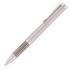 A sleek, silver ballpoint pen with a metallic clip and a ridged grip near the tip. The pen is diagonally positioned against a white background.