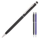 Three sleek ballpoint pens with metal clips are shown. The main pen is black, featuring a silver tip and clip. The two smaller pens are black and blue, both with matching silver accents and stylus tips at the top.