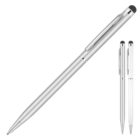 Silver ballpoint pen with a sleek metallic design and a stylus tip at the top. The pen features a black rubber grip and a pocket clip. A smaller image of two identical pens is shown on the right.
