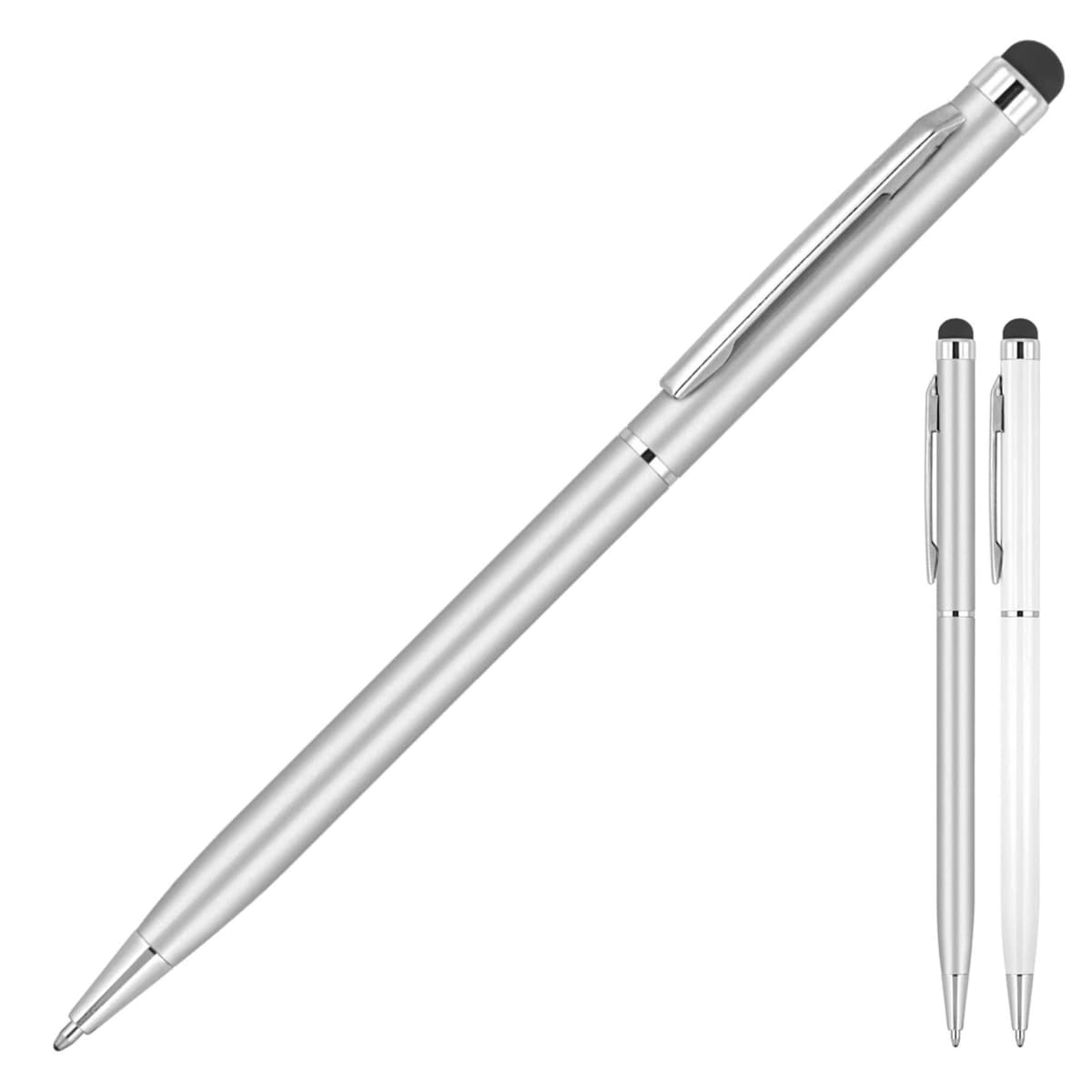 Silver ballpoint pen with a sleek metallic design and a stylus tip at the top. The pen features a black rubber grip and a pocket clip. A smaller image of two identical pens is shown on the right.