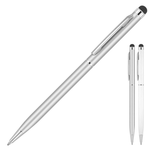 Silver stylus pens with black tips and metal clips. One pen is shown prominently, and two pens are displayed in the top right corner. The pens have a sleek, metallic design and are used for writing and touchscreen interaction.