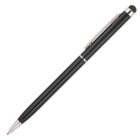 A black stylus pen with silver accents, featuring a fine point tip for writing and a rubber tip for touch screen devices. It has a smooth, sleek design and a pocket clip.