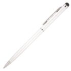 A sleek white pen with a silver clip and accents. It has a black stylus tip on one end and a ballpoint tip on the other, designed for dual functionality as a writing instrument and touchscreen stylus.