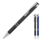 A sleek black and silver ballpoint pen is featured prominently. To the side, there are two additional pens, one black and one blue, both with silver accents, positioned upright.