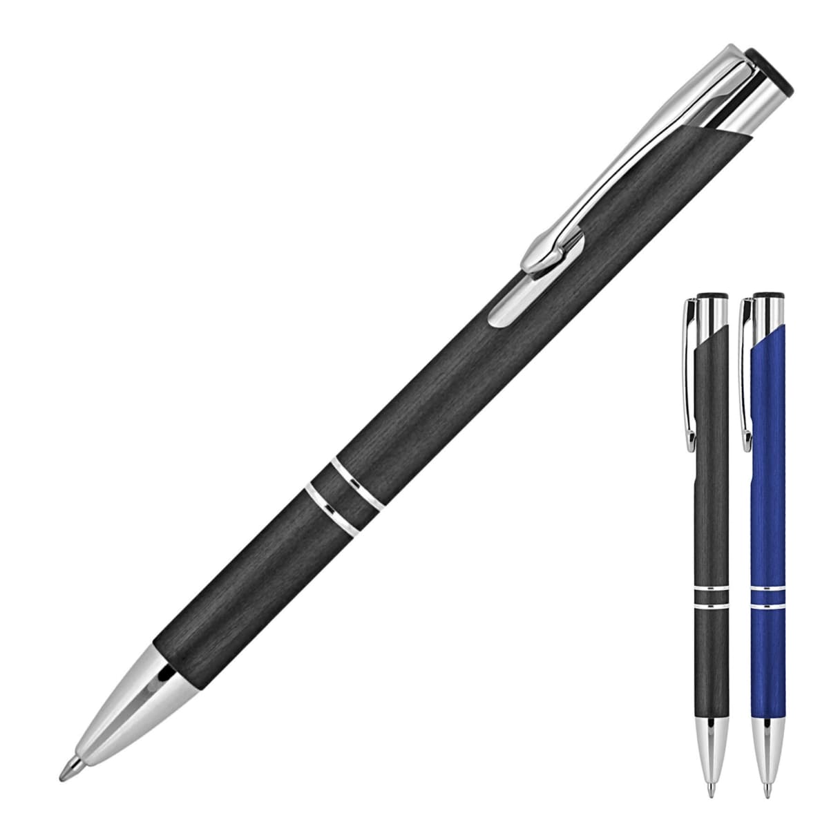A sleek black and silver ballpoint pen is featured prominently. To the side, there are two additional pens, one black and one blue, both with silver accents, positioned upright.