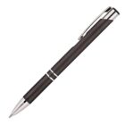 A sleek, black ballpoint pen with silver accents and a pocket clip. The pen is positioned diagonally against a white background.