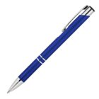 A blue ballpoint pen featuring a silver clip and tip. Its body is sleek with two silver rings near the bottom, set against a plain white background.