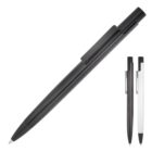 Three ballpoint pens are pictured: one in black, one in grey, and one in white. All have sleek designs with a clip on the side. The black pen is shown prominently on the left, while the grey and white pens are positioned to the right.