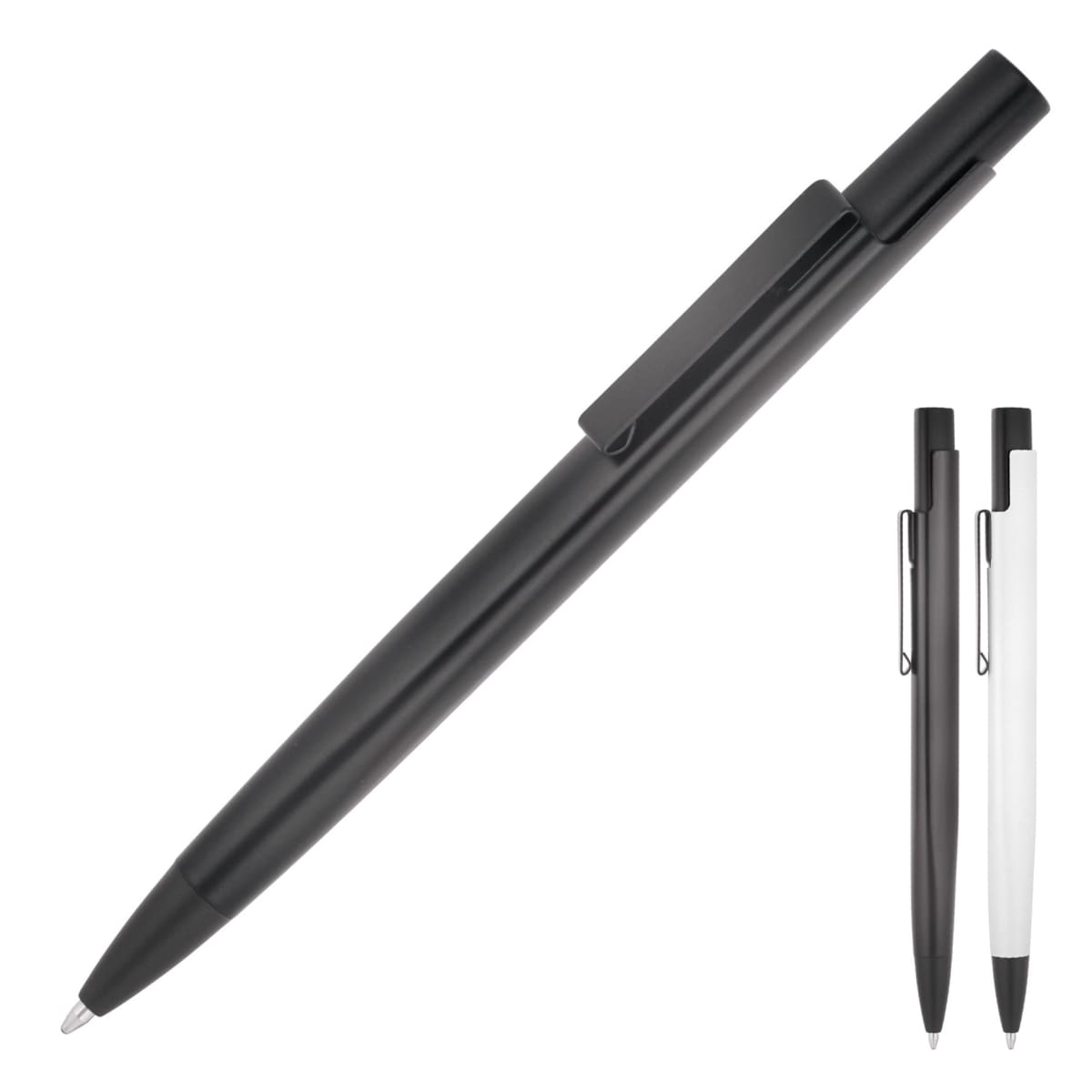 Three ballpoint pens are pictured: one in black, one in grey, and one in white. All have sleek designs with a clip on the side. The black pen is shown prominently on the left, while the grey and white pens are positioned to the right.