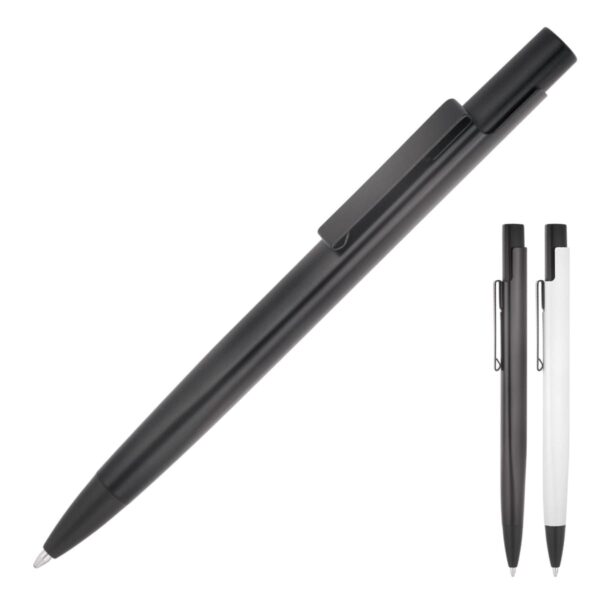 A sleek black ballpoint pen is prominently displayed, with two partial images of similar pens beside it—one black and one white—highlighting the contrast in color. Each pen features a clip and a minimalist design.