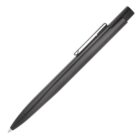 A sleek black ballpoint pen with a metal clip is positioned diagonally against a plain white background.