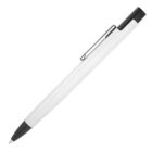 A white ballpoint pen with a black tip, black clicker, and a silver clip lies diagonally across a plain white background.