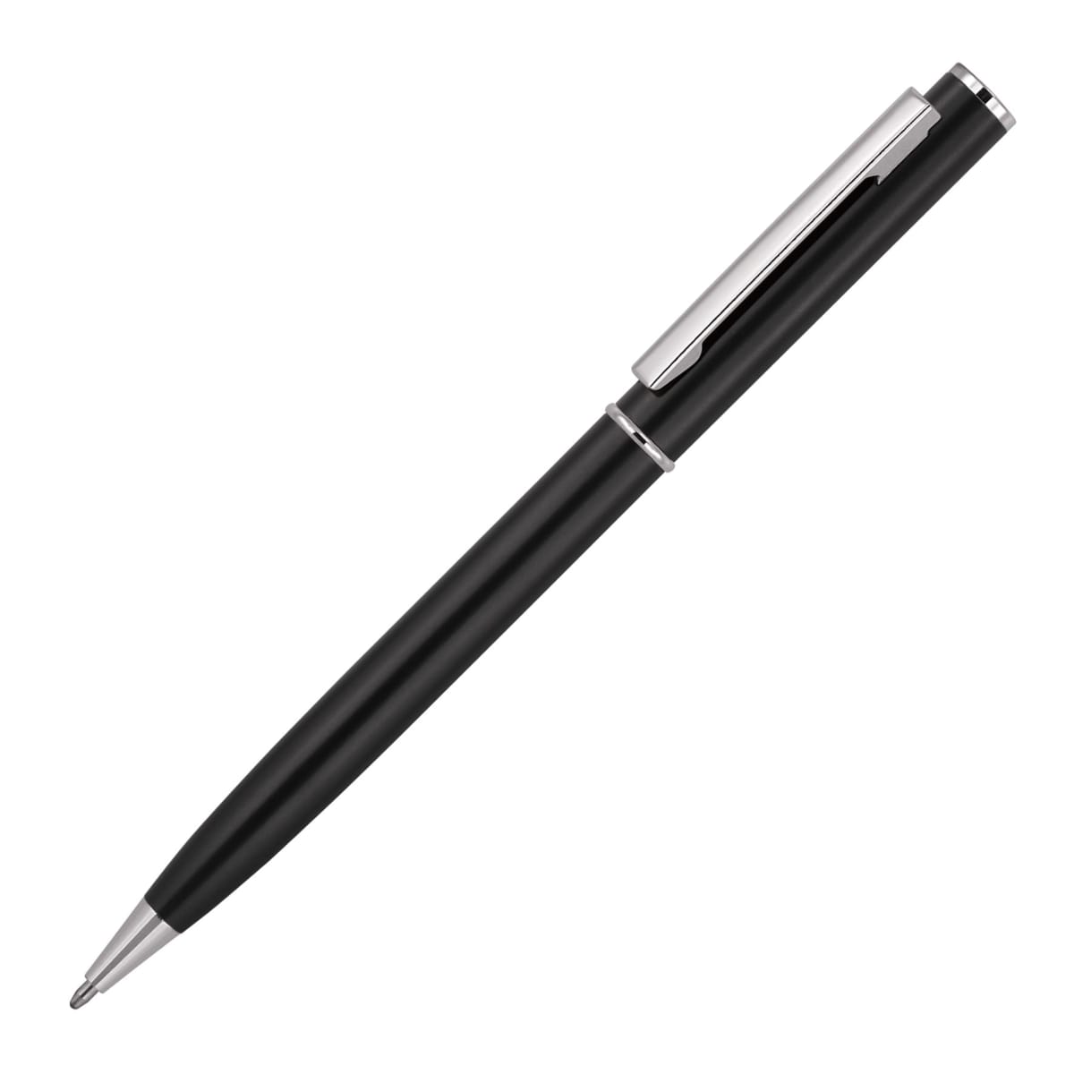 A sleek black ballpoint pen with a silver clip and tip, positioned diagonally against a white background.