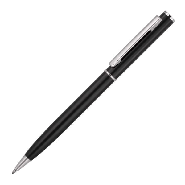 A sleek black ballpoint pen with a silver clip and tip, resting diagonally against a white background.