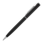 A sleek black ballpoint pen with silver accents and a clip is angled diagonally against a white background, pointing to the bottom left corner.