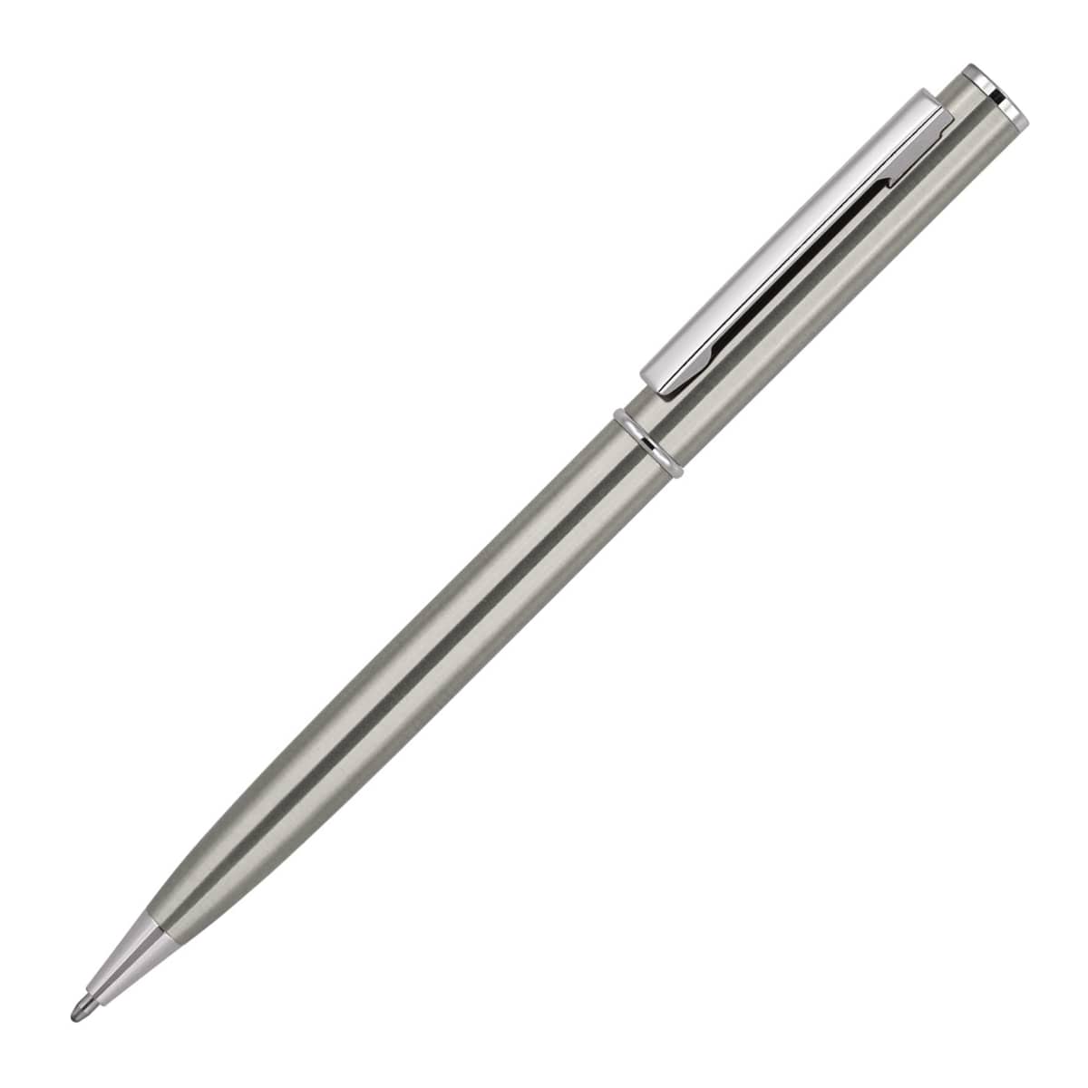 A sleek silver ballpoint pen with a streamlined metallic body and a chrome clip. The pen is shown against a plain white background, angled slightly upward to the right.