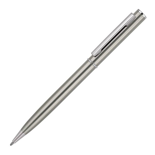 A sleek silver ballpoint pen with a polished metallic finish, a clip on the cap for attachment, and a streamlined design. The pen is positioned diagonally against a white background.