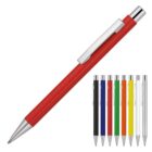 A red ballpoint pen with a silver tip and clip is prominently displayed. To the right, eight additional pens in different colors—red, black, blue, dark green, yellow, green, orange, and white—are shown in a smaller size.