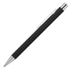 A sleek black ballpoint pen with silver accents, featuring a metallic clip and push-button mechanism. The pen is positioned diagonally against a white background.