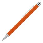 A sleek orange ballpoint pen with a silver tip and clip, positioned against a white background.