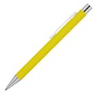 A yellow ballpoint pen with a silver tip and clip, positioned diagonally against a white background. The pen has a shiny metallic top and bottom, contrasting with its matte yellow body.