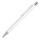 A sleek white ballpoint pen with silver accents, featuring a retractable tip and a metal clip, is displayed against a white background.