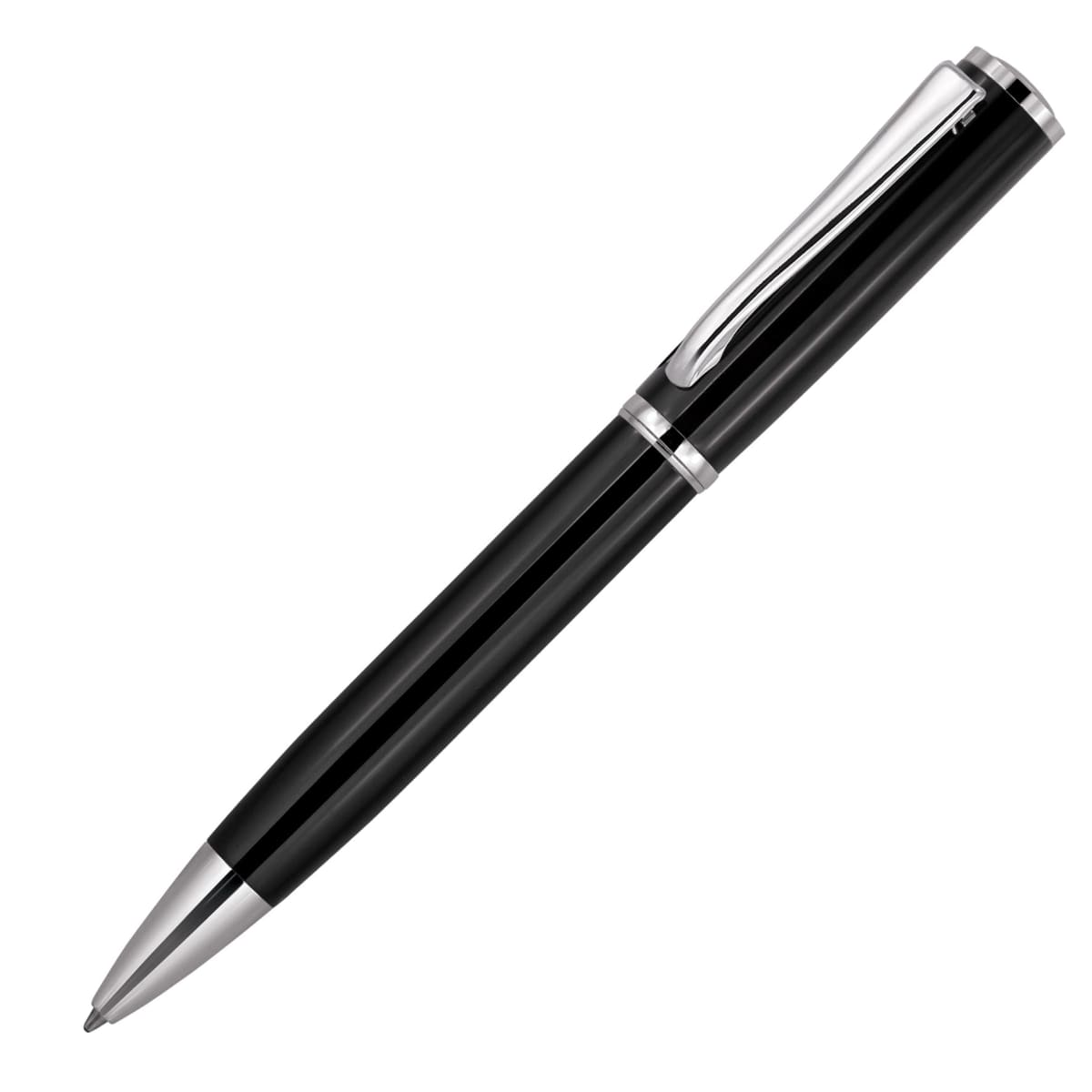 A sleek black pen with silver accents and a clip. The pen is slightly tilted diagonally against a white background, showcasing its shiny surface and elegant design.