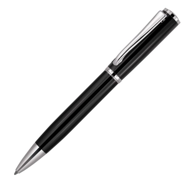A sleek black ballpoint pen with silver accents, displayed diagonally against a white background. The pen features a polished clip and tip, offering a modern, professional appearance.