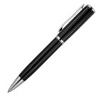 A sleek black ballpoint pen with silver accents, featuring a clip on the cap for easy attachment. The pen is angled slightly, showcasing its glossy finish and stylish design.