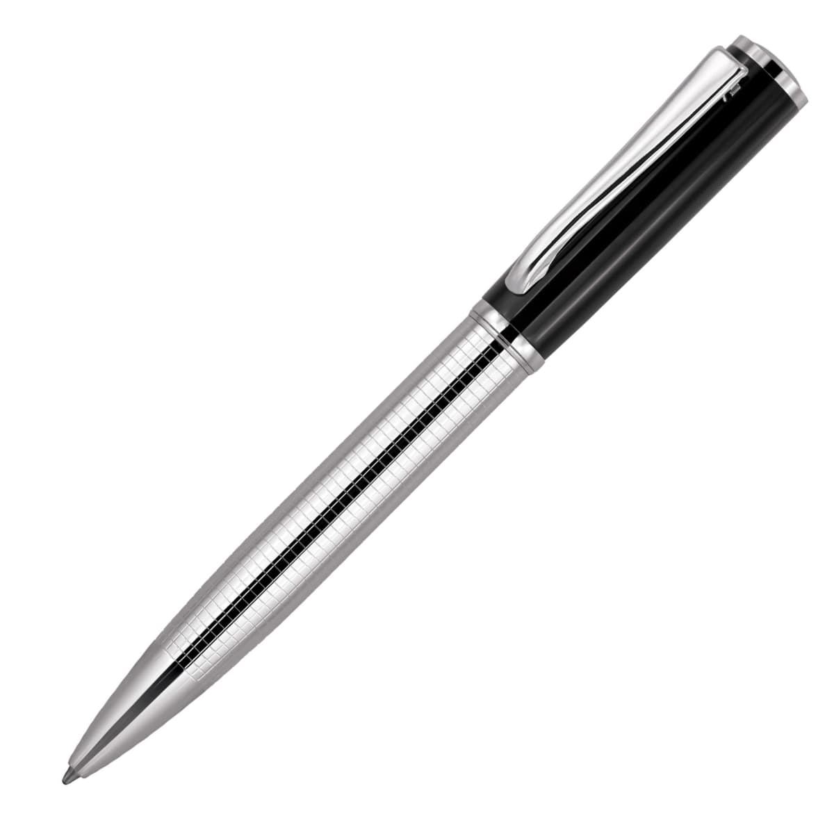 A sleek, silver and black ballpoint pen with a polished finish, featuring a striped design on the barrel and a shiny clip on the cap. Its modern and elegant appearance makes it suitable for professional use.