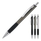 Four retractable ballpoint pens. The main pen is black with a gray barrel, silver clip, black rubber grip, and silver tip and click. The three smaller pens on the right show variations in barrel color: black, silver, and white.