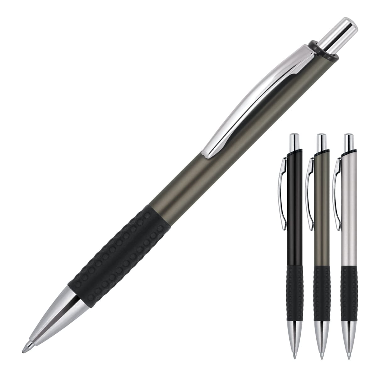 Four retractable ballpoint pens. The main pen is black with a gray barrel, silver clip, black rubber grip, and silver tip and click. The three smaller pens on the right show variations in barrel color: black, silver, and white.