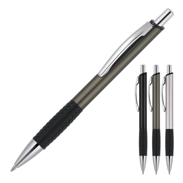 Four retractable ballpoint pens with silver clips and tips. The largest pen is gray with a black rubber grip. The three smaller pens are black, gray, and white, all with similar designs and grips.