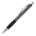 A sleek, metallic ballpoint pen with a silver clip and tip, featuring a black rubber grip and a click mechanism.