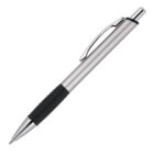 A silver retractable ballpoint pen with a black rubber grip and a chrome clip. The pen is angled diagonally against a white background.