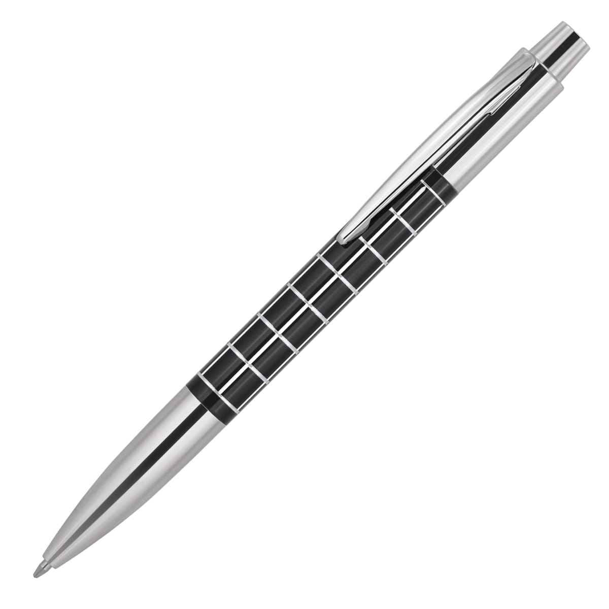 A silver ballpoint pen with a glossy black checkered design on the barrel and a silver clip.