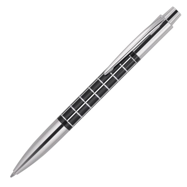A silver and black pen with a grid pattern on the barrel and a metal clip. The pen has a sleek, modern design and is photographed against a white background.