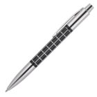 A metallic ballpoint pen with a sleek design. The pen has a silver body with a black grid pattern on the grip section, and a retractable tip with a silver clip for attaching to notepads or pockets. The pen is positioned diagonally.