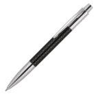 A sleek ballpoint pen with a metallic silver tip and top, featuring a textured black grip in the middle. Attached is a shiny silver clip. The pen is positioned diagonally against a white background.