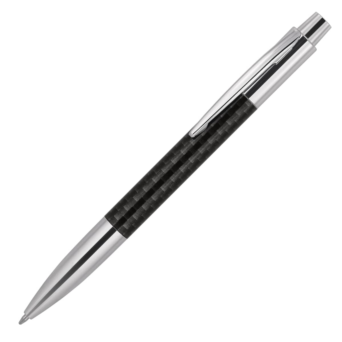 A sleek ballpoint pen with a metallic silver tip and top, featuring a textured black grip in the middle. Attached is a shiny silver clip. The pen is positioned diagonally against a white background.