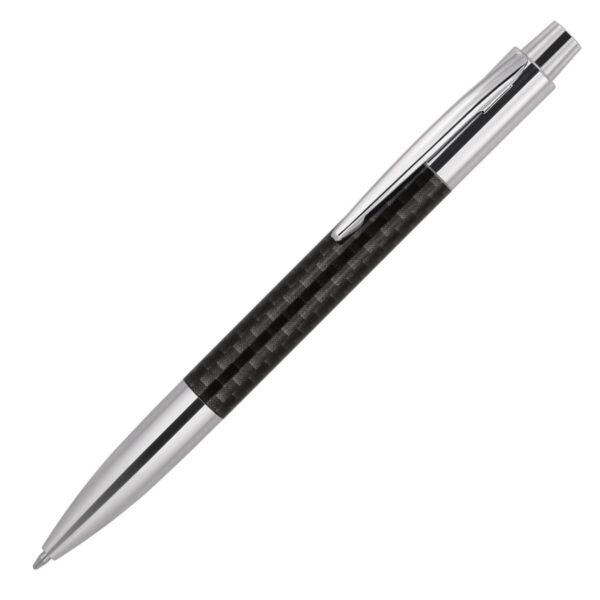 A sleek ballpoint pen with a polished metal tip and click mechanism. The barrel features a glossy black carbon fiber design, complemented by a shiny metal clip.