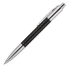 A sleek ballpoint pen with a metallic body and a textured black grip section. The pen features a retractable tip and a clip near the top for attaching it to pockets or notebooks.