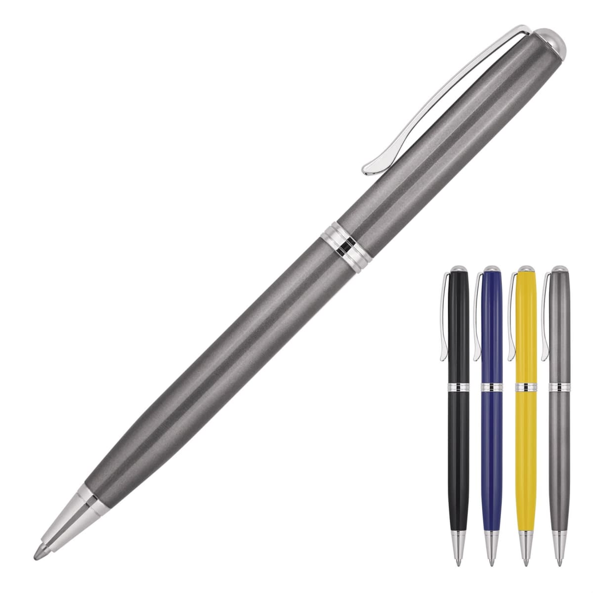 A collection of five ballpoint pens in different colors: gray, black, blue, yellow, and white. Each pen has a metallic clip and a chrome accent near the tip. The pens are displayed vertically on a white background.