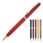 Six ballpoint pens are shown, each with a sleek metallic clip. The pens are colored red, black, blue, yellow, and gray. The main focus is on the red pen, which is larger, with the others in a smaller group to the right.