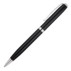 A sleek black ballpoint pen with silver accents and a clip, diagonally oriented against a white background.