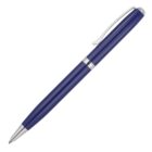 A sleek blue ballpoint pen with silver accents and a metal clip on the cap, shown against a white background.