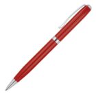 A sleek red ballpoint pen with a silver tip and clip. The pen has two silver bands near the top, adding a touch of elegance. It is placed on a plain white background.